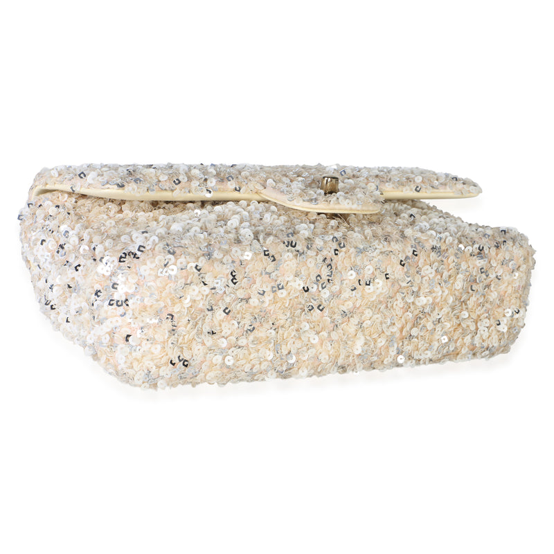 Chanel Cream Silver Sequin Small Single Flap Bag Neutral Embellished