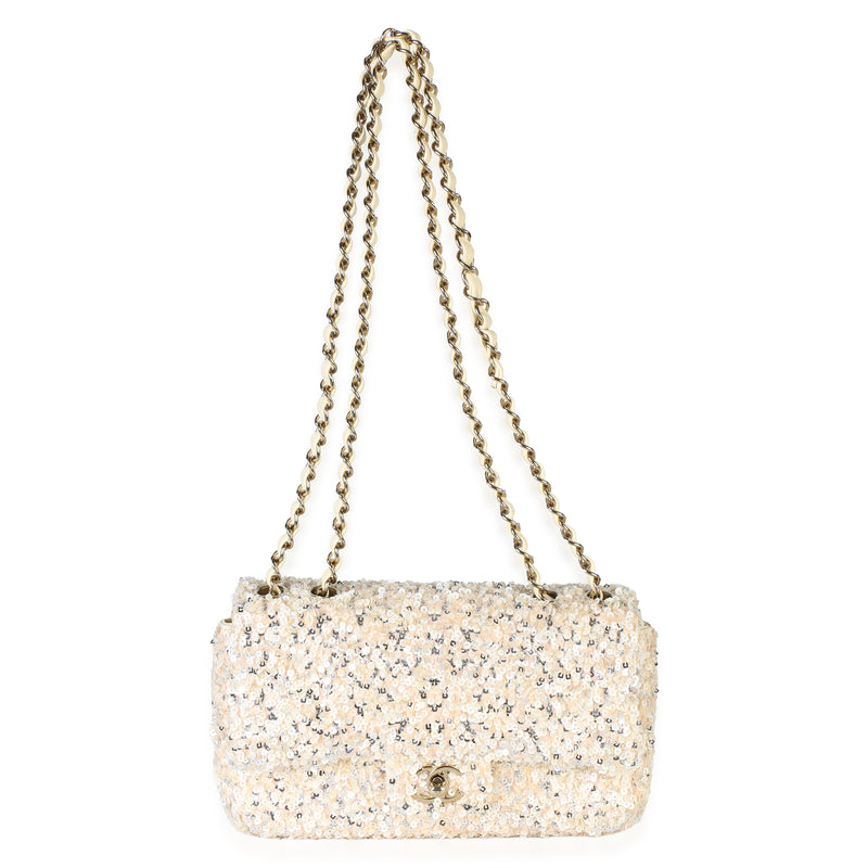 Chanel Cream Silver Sequin Small Single Flap Bag Neutral Embellished