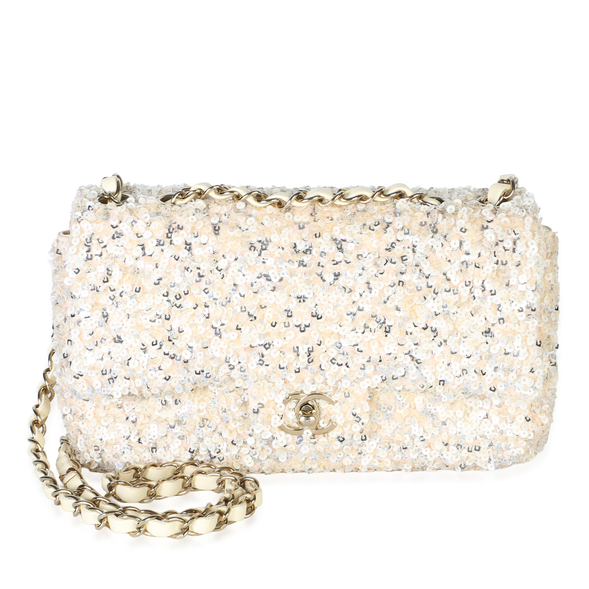 Chanel Cream Silver Sequin Small Single Flap Bag Neutral Embellished