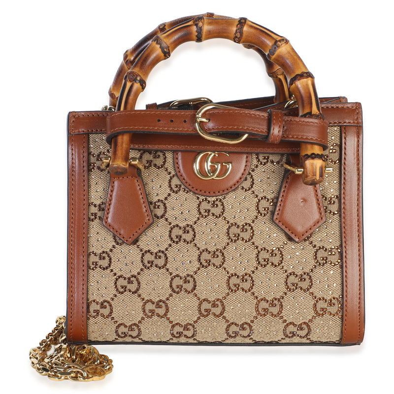Gucci Brown New Canvas Charisma Calfskin Crystal Gg Monogram Mini Diana Tote