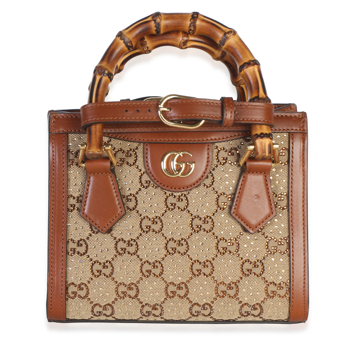 Gucci Brown New Canvas Charisma Calfskin Crystal Gg Monogram Mini Diana Tote