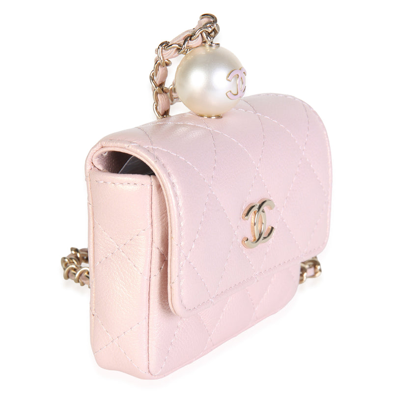 Chanel Pink Iridescent Caviar Pearl Card Holder With Chain Leather Bag