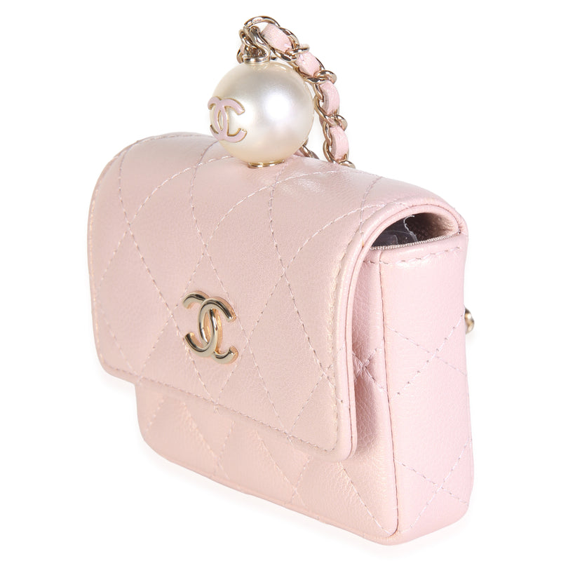 Chanel Pink Iridescent Caviar Pearl Card Holder With Chain Leather Bag