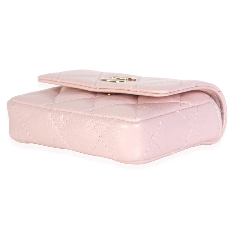 Chanel Pink Iridescent Caviar Pearl Card Holder With Chain Leather Bag