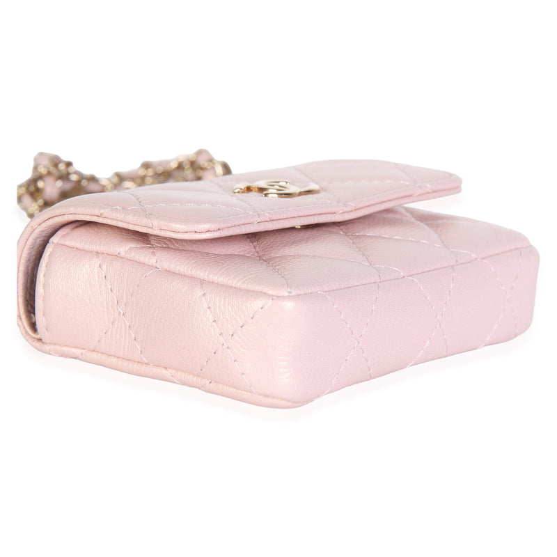 Chanel Pink Iridescent Caviar Pearl Card Holder With Chain Leather Bag
