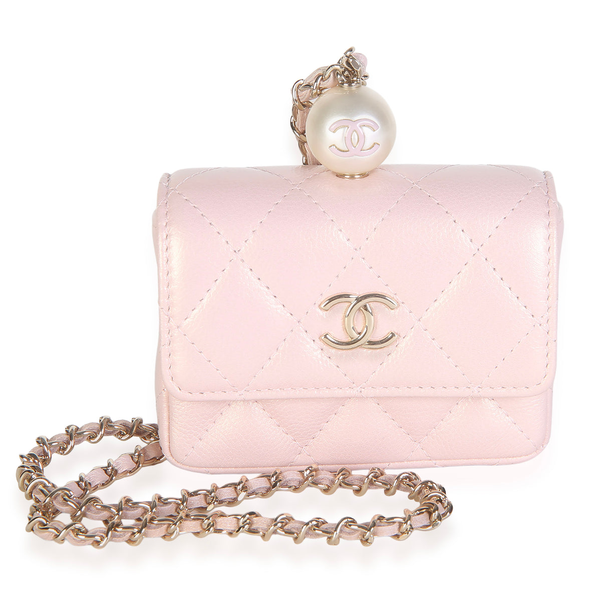 Chanel Pink Iridescent Caviar Pearl Card Holder With Chain Leather Bag