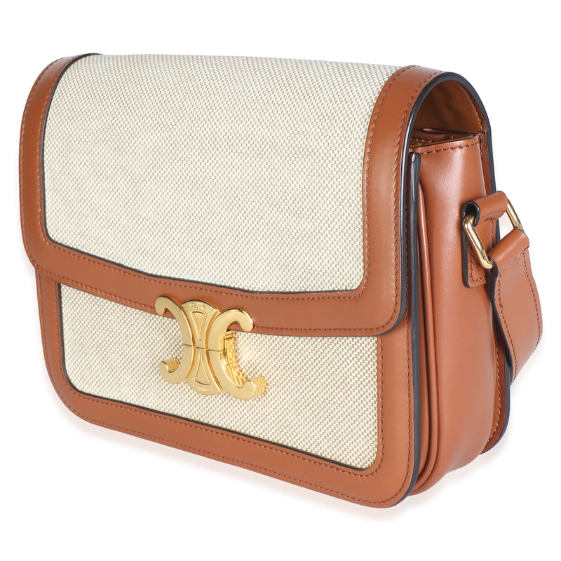 Celine White Tan Textile Natural Calfskin Medium Triomphe Bag Beige; Canvas; Leather