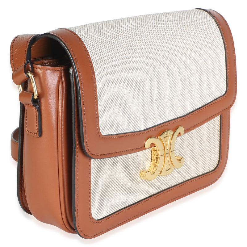 Celine White Tan Textile Natural Calfskin Medium Triomphe Bag Beige; Canvas; Leather