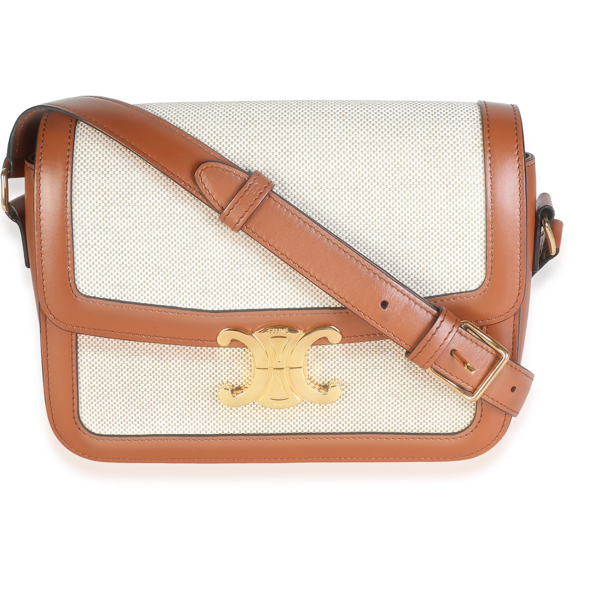Celine White Tan Textile Natural Calfskin Medium Triomphe Bag Beige; Canvas; Leather