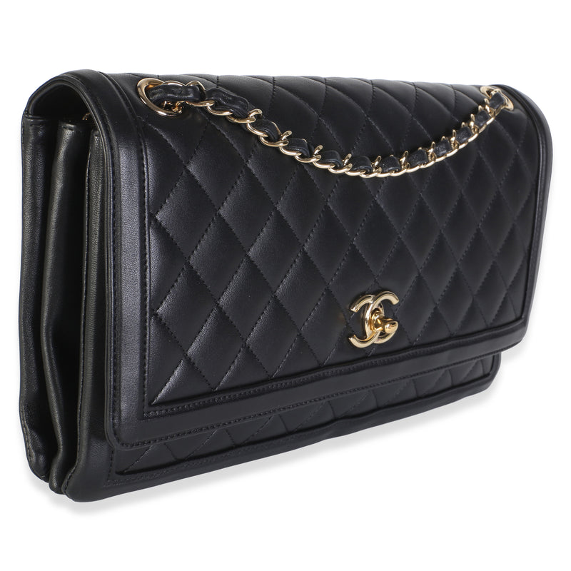 Chanel Black Quilted Lambskin 3 Compartment Jumbo Flap Bag Leather