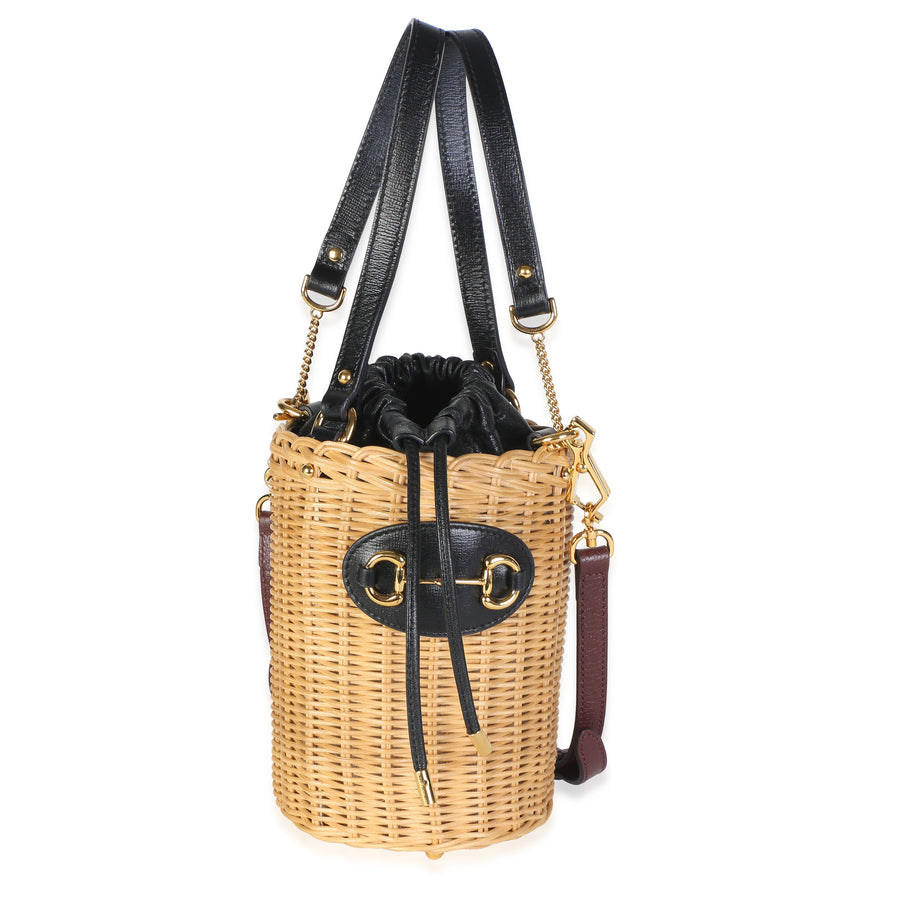 Gucci Black Calfskin Wicker Horsebit 1955 Small Bucket Bag Beige Straw/raffia