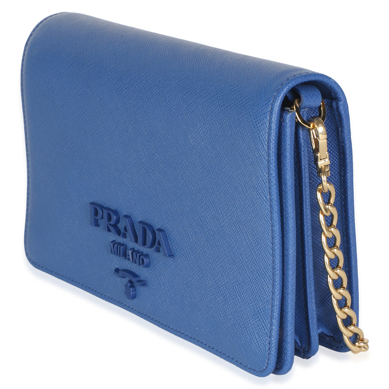 Prada Bluette Saffiano Lux Monochrome Chain Wallet Blue Leather Bag
