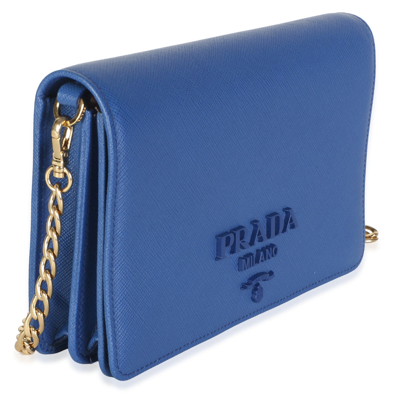 Prada Bluette Saffiano Lux Monochrome Chain Wallet Blue Leather Bag
