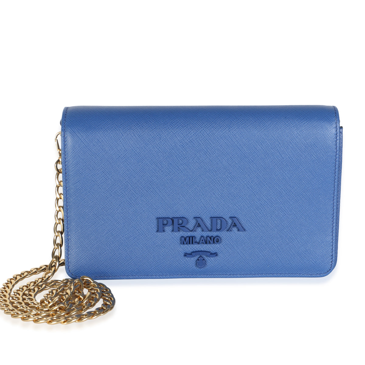 Prada Bluette Saffiano Lux Monochrome Chain Wallet Blue Leather Bag