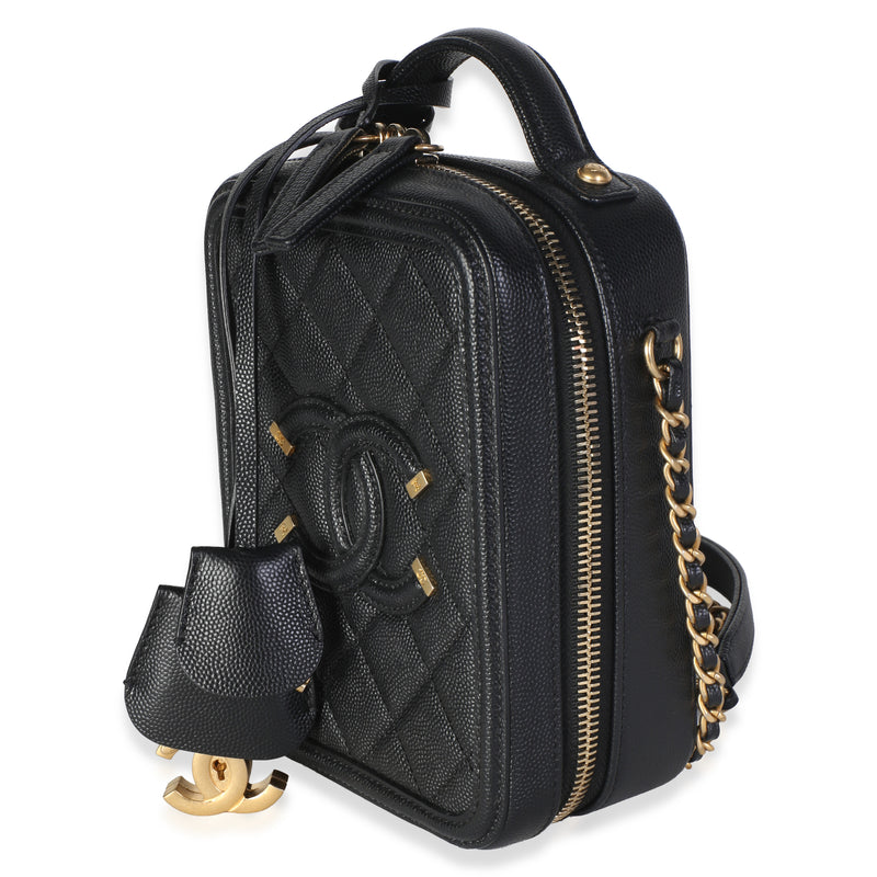 Chanel Black Quilted Caviar North South Filigree Vanity Case Leather Bag