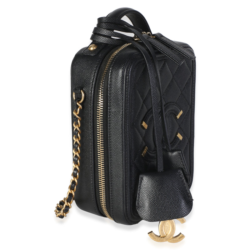 Chanel Black Quilted Caviar North South Filigree Vanity Case Leather Bag