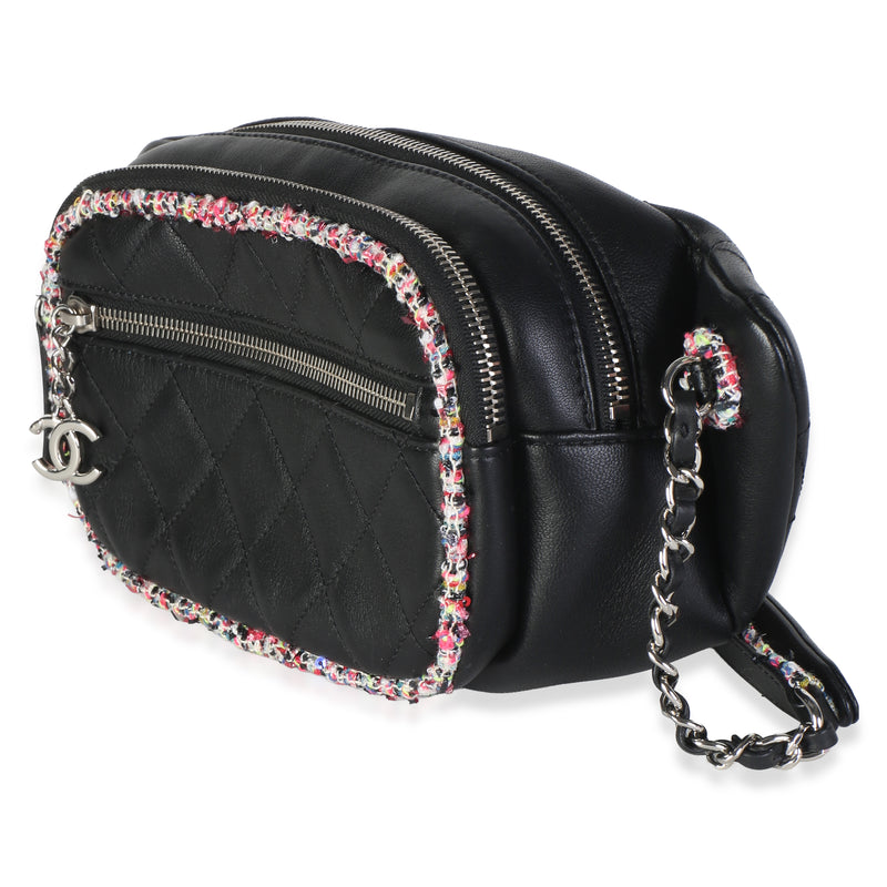 Chanel Black Quilted Lambskin Pink Tweed Cc Waist Bag Black; Multicolor; Embellished; Leather