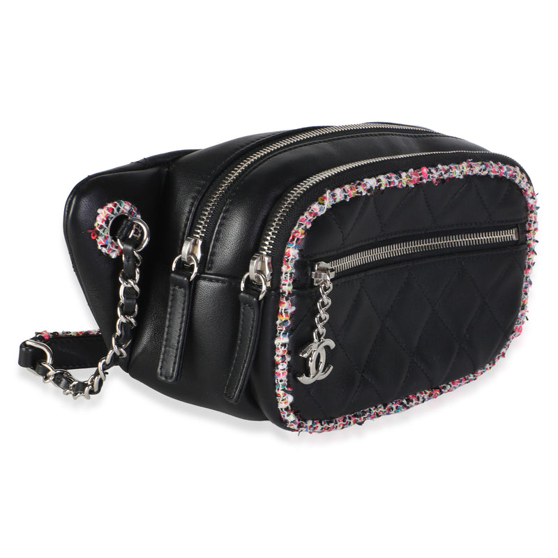 Chanel Black Quilted Lambskin Pink Tweed Cc Waist Bag Black; Multicolor; Embellished; Leather
