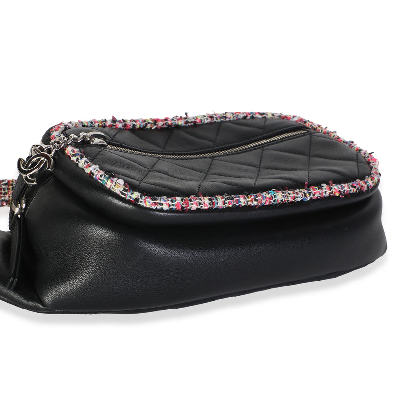 Chanel Black Quilted Lambskin Pink Tweed Cc Waist Bag Black; Multicolor; Embellished; Leather