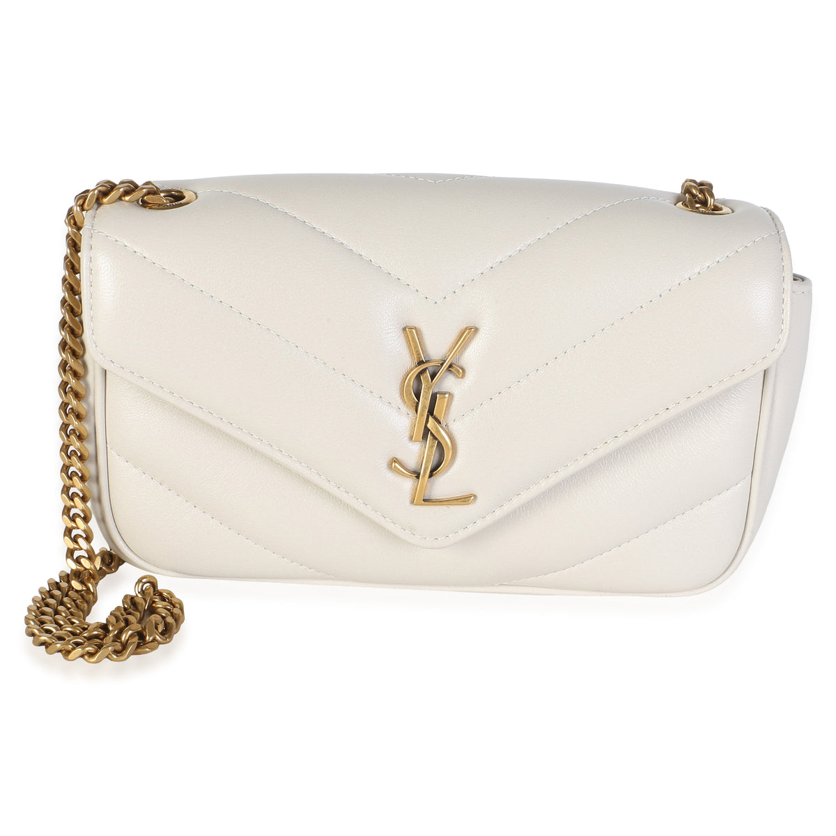 Saint Laurent Crema Chevron Lambskin Monogram Mini Loulou Bag Beige Leather