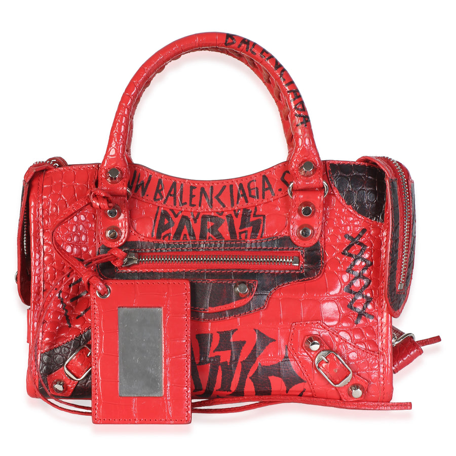 Balenciaga Red Croc Embossed Calfskin Graffiti Classic Hardware Mini City Bag Black; Leather