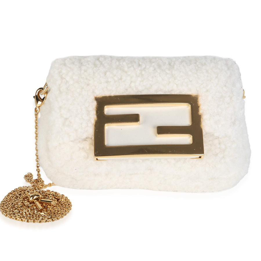 Fendi Cream Shearling Nano Maxi Buckle Baguette Charm White Fur Bag
