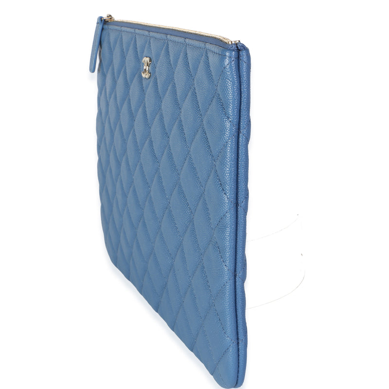 Chanel Blue Quilted Caviar Medium O Case Clutch Leather