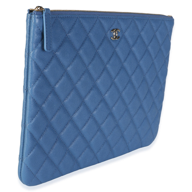 Chanel Blue Quilted Caviar Medium O Case Clutch Leather