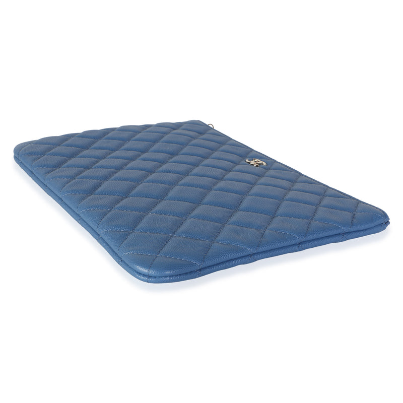 Chanel Blue Quilted Caviar Medium O Case Clutch Leather
