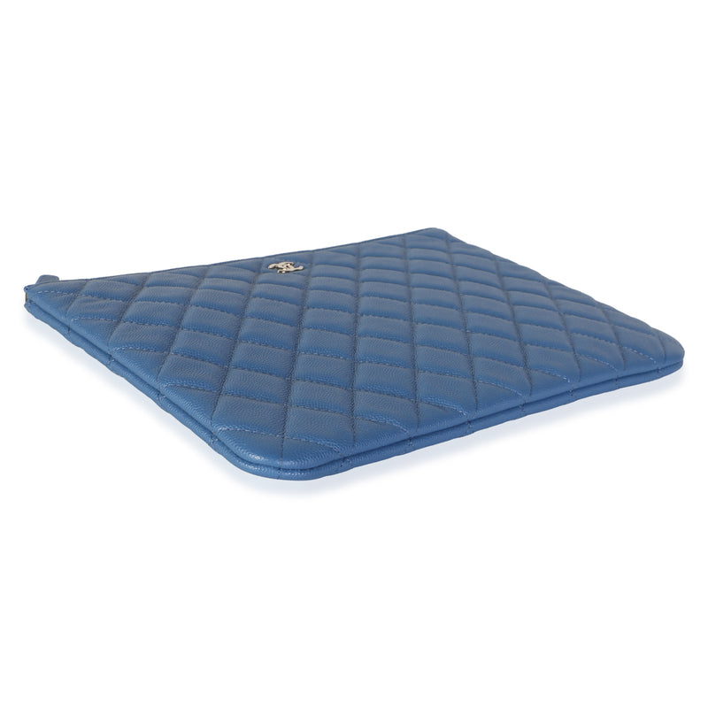 Chanel Blue Quilted Caviar Medium O Case Clutch Leather