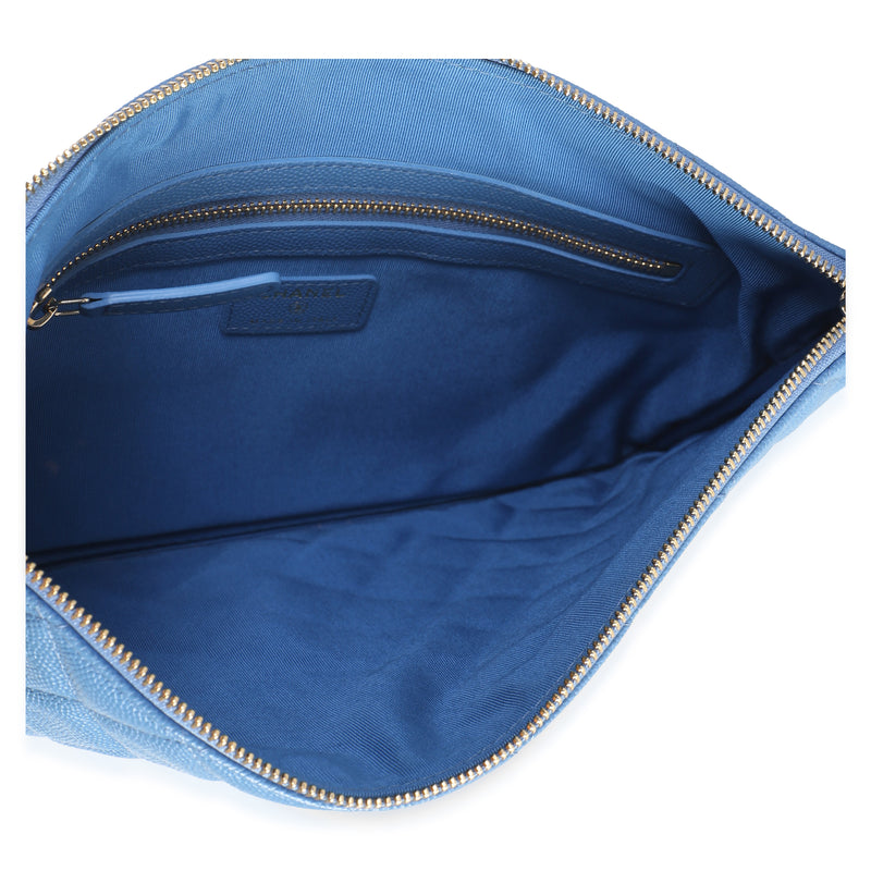 Chanel Blue Quilted Caviar Medium O Case Clutch Leather