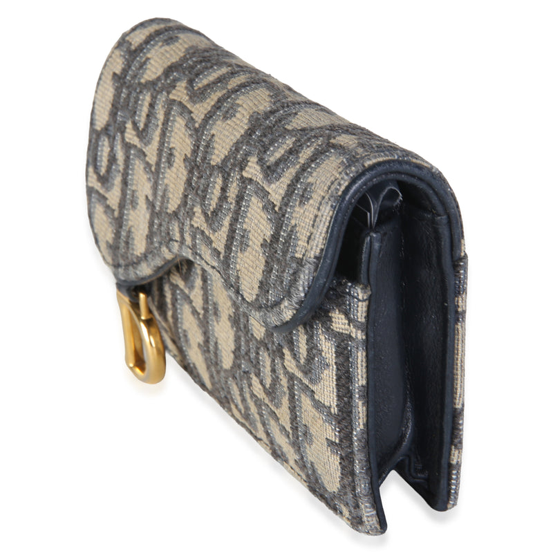 Christian Dior Blue Oblique Jacquard Saddle Bloom Card Holder Beige; Canvas Wallet