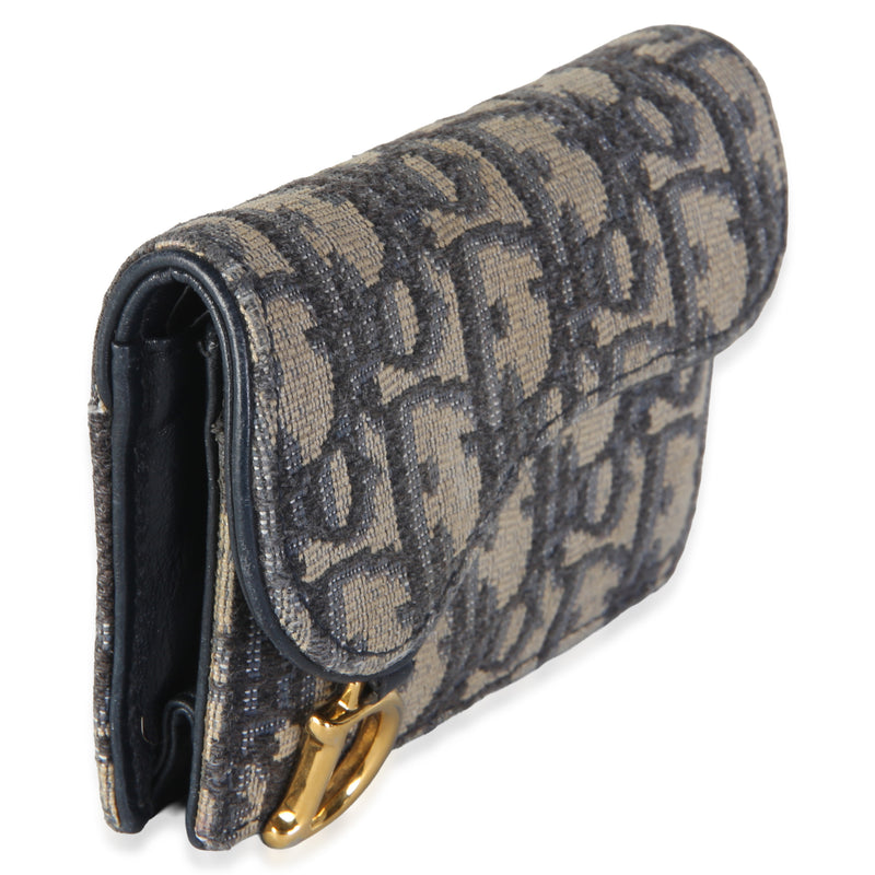 Christian Dior Blue Oblique Jacquard Saddle Bloom Card Holder Beige; Canvas Wallet