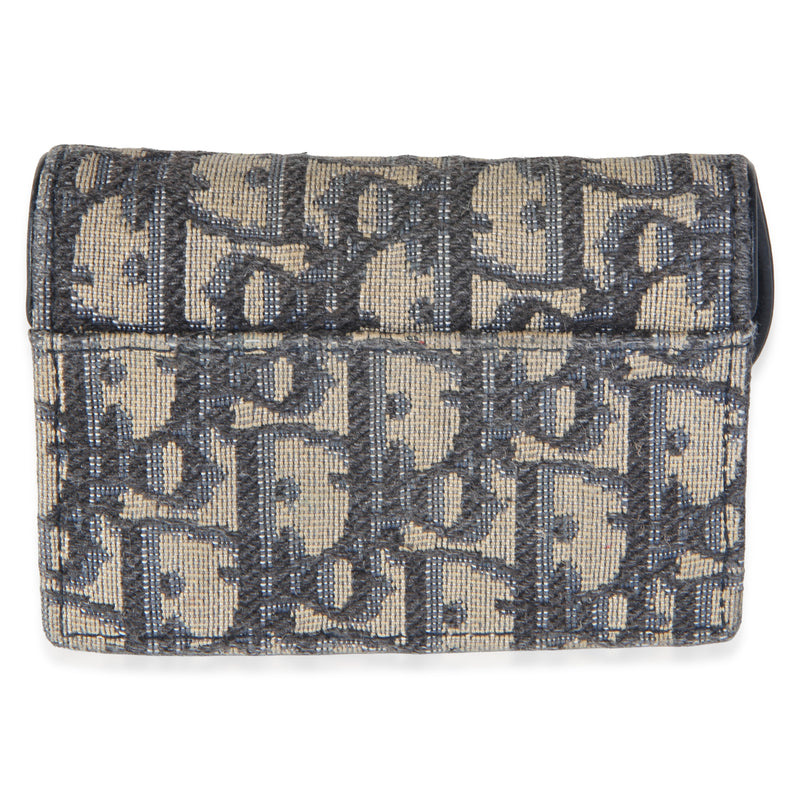 Christian Dior Blue Oblique Jacquard Saddle Bloom Card Holder Beige; Canvas Wallet
