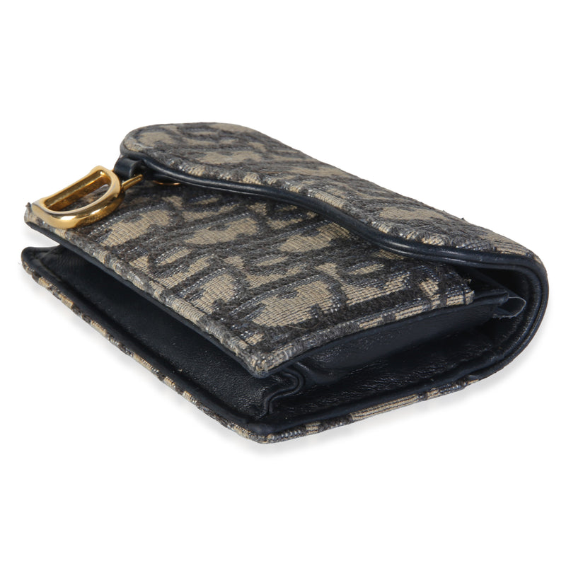 Christian Dior Blue Oblique Jacquard Saddle Bloom Card Holder Beige; Canvas Wallet