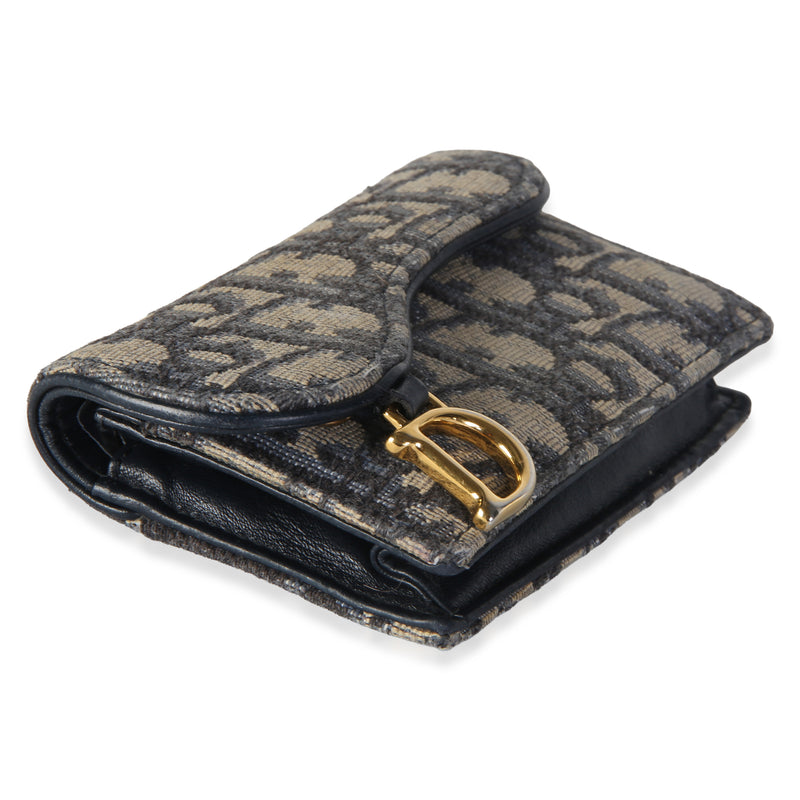 Christian Dior Blue Oblique Jacquard Saddle Bloom Card Holder Beige; Canvas Wallet