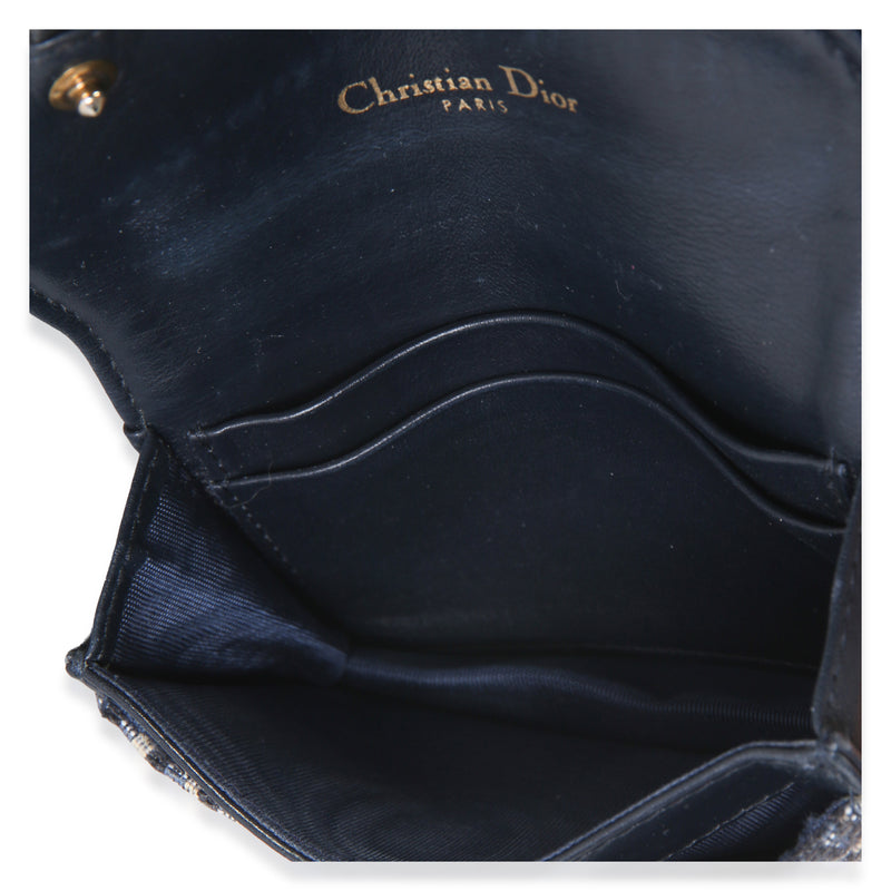 Christian Dior Blue Oblique Jacquard Saddle Bloom Card Holder Beige; Canvas Wallet