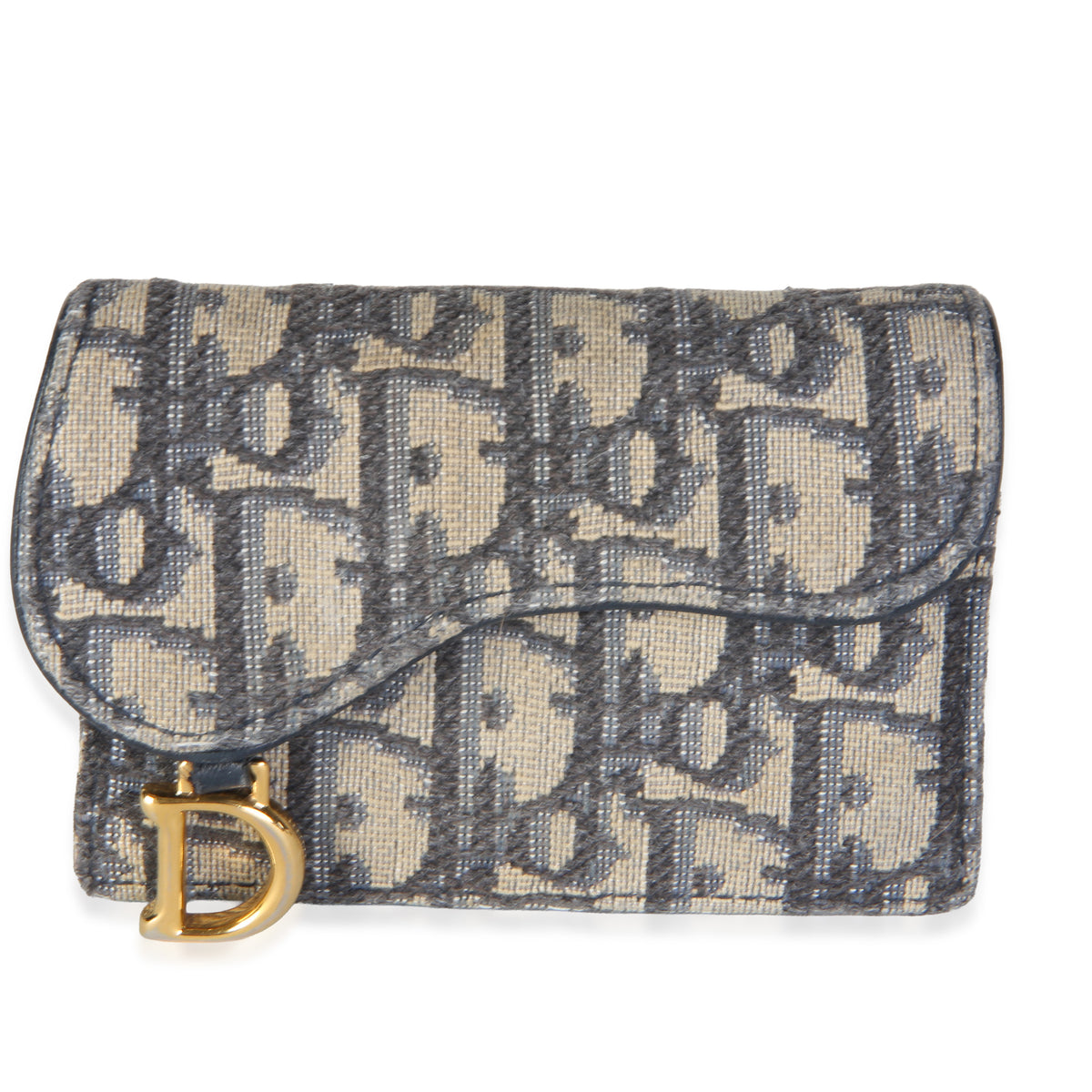 Christian Dior Blue Oblique Jacquard Saddle Bloom Card Holder Beige; Canvas Wallet