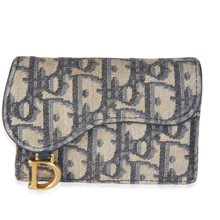 Christian Dior Blue Oblique Jacquard Saddle Bloom Card Holder Beige; Canvas Wallet