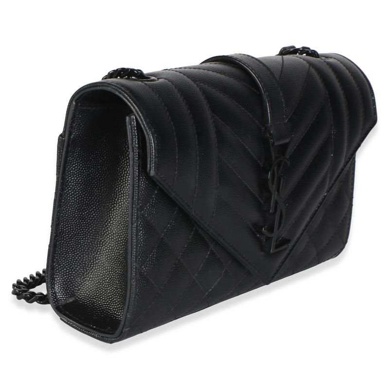 Saint Laurent Black Grain De Poudre Monochrome Triquilt Small Envelope Flap Leather Bag