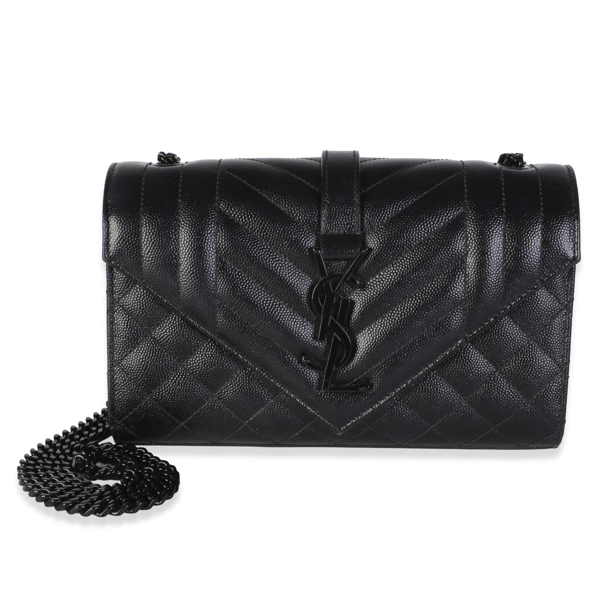 Saint Laurent Black Grain De Poudre Monochrome Triquilt Small Envelope Flap Leather Bag