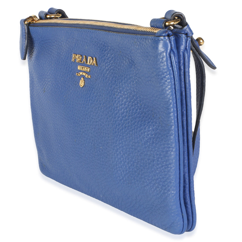 Prada Bluette Vitello Phenix Double Zip Crossbody Bag Blue Leather