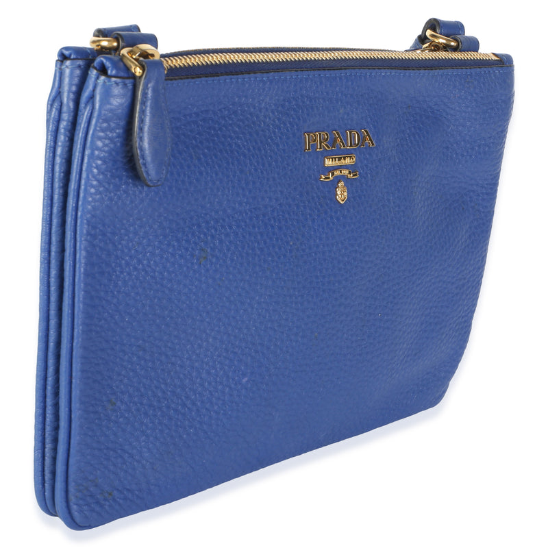 Prada Bluette Vitello Phenix Double Zip Crossbody Bag Blue Leather
