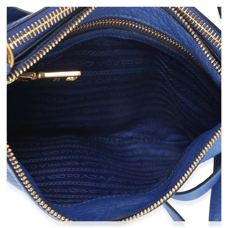 Prada Bluette Vitello Phenix Double Zip Crossbody Bag Blue Leather