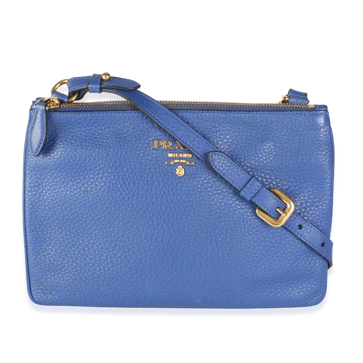 Prada Bluette Vitello Phenix Double Zip Crossbody Bag Blue Leather