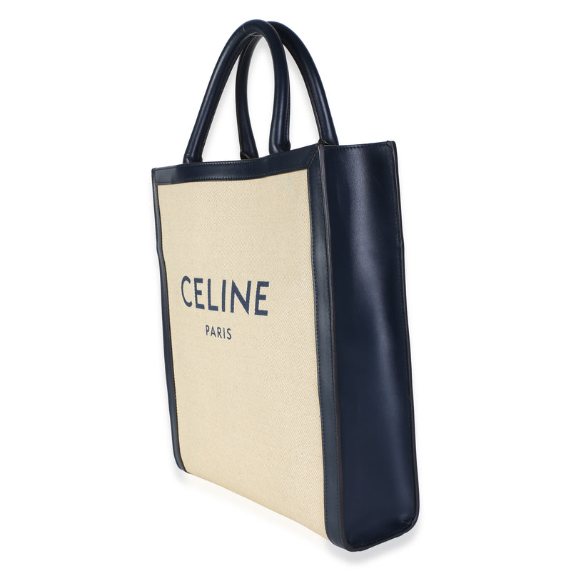 Celine Navy Natural Canvas Calfskin Logo Print Small Vertical Cabas Tote Beige
