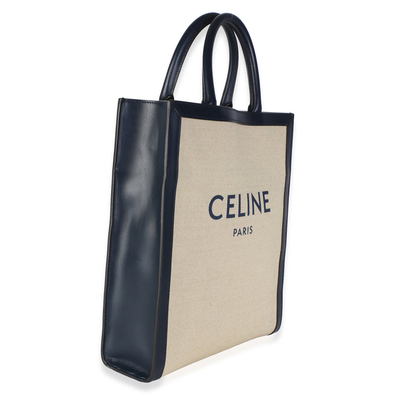 Celine Navy Natural Canvas Calfskin Logo Print Small Vertical Cabas Tote Beige
