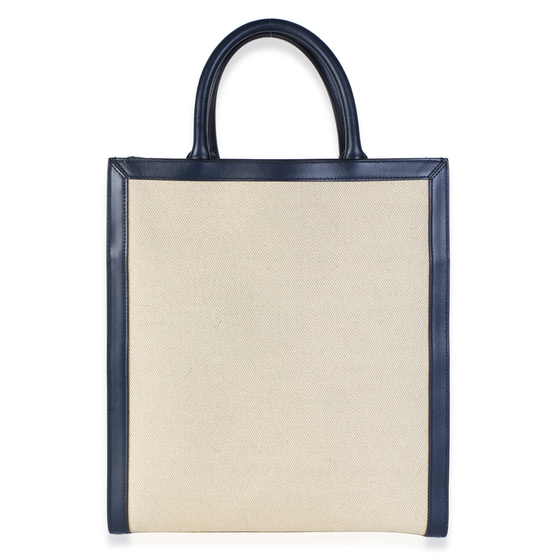 Celine Navy Natural Canvas Calfskin Logo Print Small Vertical Cabas Tote Beige