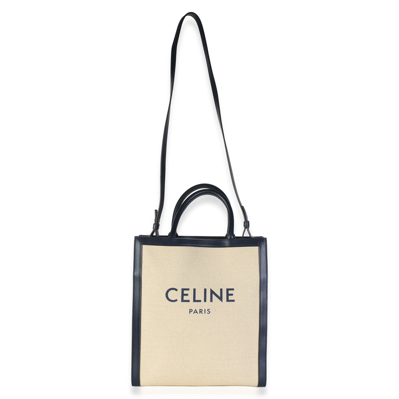 Celine Navy Natural Canvas Calfskin Logo Print Small Vertical Cabas Tote Beige