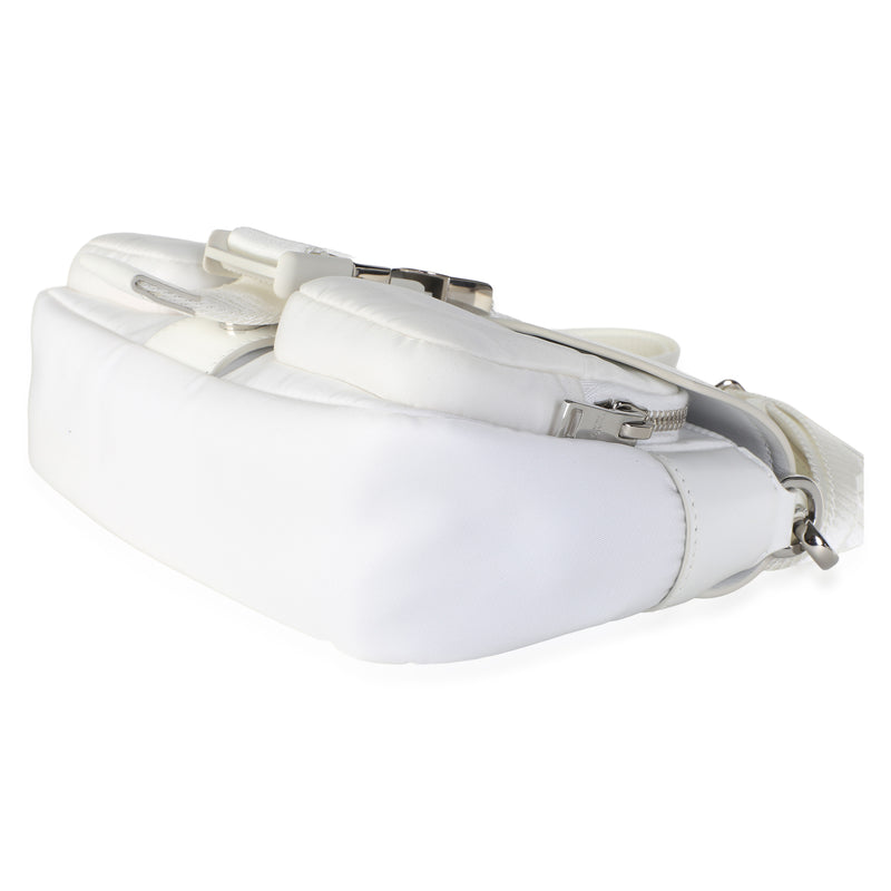 Prada White Re-Nylon Spazzolato Double Pocket Buckle Shoulder Bag